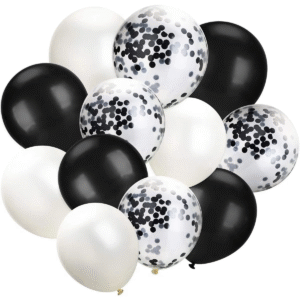 10 Adet 12 Inç Beyaz Siyah Ve Konfetili Karışık Balon