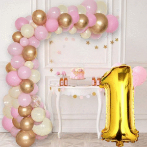 Krom Gold Pastel Pembe ve Beyaz Balon Seti Gold Rakamlı Doğum Günü Balonu Şık Parti Süsleme