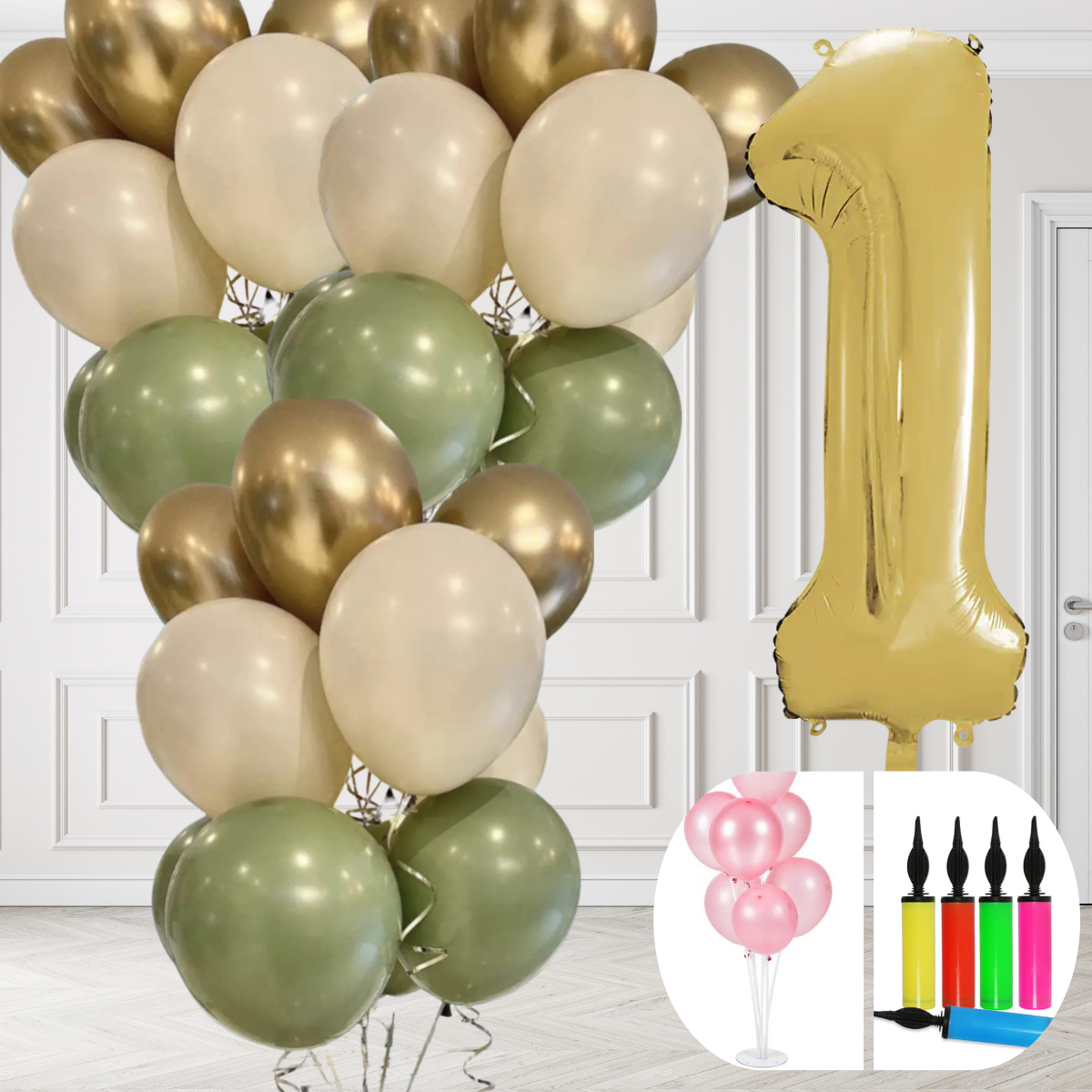 balon standlı ve pompalı retro küf yeşili krom gold kum beji balon seti gold rakam doğum günü balonu Şık parti süsleme